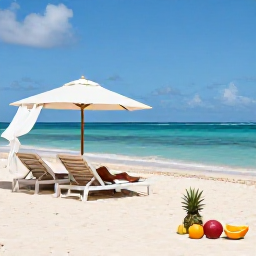 Caribbean Holidays, Caribbean Sports Holidays, Travellers relaxing after exercise beside a Caribbean beach, with fresh tropical fruit, shaded loungers and calm sea