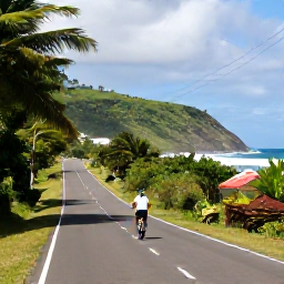 Caribbean Holidays, Caribbean Sports Holidays, Visitors cycling along a quiet tropical Caribbean road near the coast, with green hills and local scenery