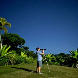 Caribbean Holidays, Caribbean Stargazing, A Caribbean visitor using a small telescope on a peaceful hillside, with tropical vegetation and stars overhead