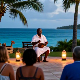 Caribbean Holidays, Caribbean Storytelling, A Caribbean storyteller speaking to a small audience around a lantern-lit courtyard, with traditional instruments and island scenery nearby