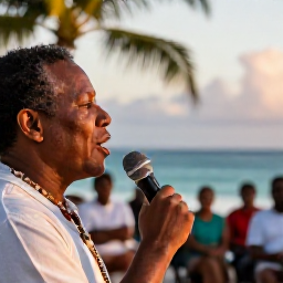 Caribbean Holidays, Caribbean Storytelling, A close-up scene of an expressive Caribbean storyteller speaking beside the sea at dusk, with an attentive audience and warm tropical light