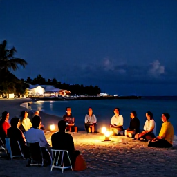 Caribbean Holidays, Caribbean Storytelling, A peaceful Caribbean coastal village after a cultural storytelling event, with lanterns glowing and the night sky above the sea