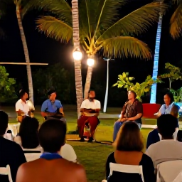 Caribbean Holidays, Caribbean Storytelling, A warm Caribbean evening gathering outdoors, with local storytellers and visitors seated beneath palm trees and soft lantern light
