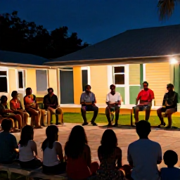 Caribbean Holidays, Caribbean Storytelling, Visitors and local families enjoying a cultural storytelling evening in a Caribbean village, with children listening and musicians playing softly