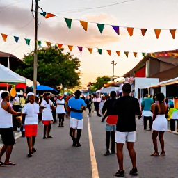 Caribbean Holidays, Caribbean Street Parties, A lively Caribbean street party at sunset with colourful flags, local musicians, dancers and visitors enjoying the atmosphere