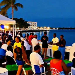 Caribbean Holidays, Caribbean Street Parties, A safe and welcoming Caribbean street party with families, travellers and musicians near a brightly lit waterfront