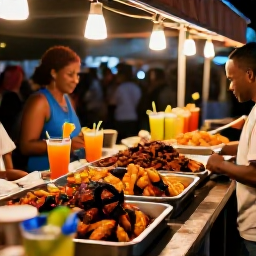 Caribbean Holidays, Caribbean Street Parties, Outdoor Caribbean food stalls serving grilled seafood, jerk chicken, plantain and colourful tropical drinks at a busy evening party