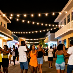 Caribbean Holidays, Caribbean Street Parties, Visitors and local residents dancing together beneath strings of lights on a Caribbean town street during a festive evening