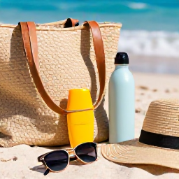 Caribbean Holidays, Caribbean Sunbathing, Close-up of a beach bag with sunscreen, sun hat, sunglasses and reusable water bottle on Caribbean sand