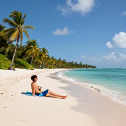 Caribbean Holidays, Caribbean Sunbathing, Couple sunbathing on a secluded Caribbean beach with soft golden sand, palm trees and clear shallow water