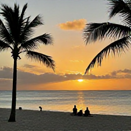 Caribbean Holidays, Caribbean Sunbathing, Golden-hour view of a Caribbean beach with calm sea, palm silhouettes and holidaymakers watching the sunset