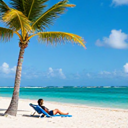 Caribbean Holidays, Caribbean Sunbathing, Traveller relaxing on a white sandy Caribbean beach beneath a palm tree, calm turquoise sea and bright blue sky