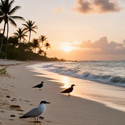 Caribbean Holidays, Caribbean Sunrises, Close-up view of tropical shoreline wildlife at dawn, including seabirds, palm trees and gentle waves in the Caribbean