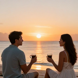 Caribbean Holidays, Caribbean Sunrises, Couple enjoying a Caribbean sunrise from a beach, with mugs of coffee and a soft orange horizon