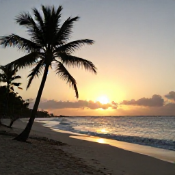 Caribbean Holidays, Caribbean Sunrises, Dawn breaking over a quiet Caribbean beach, with palm silhouettes, gentle waves and warm golden light