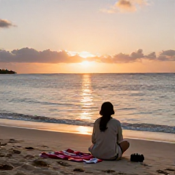 Caribbean Holidays, Caribbean Sunrises, Traveller sitting on a quiet Caribbean shoreline before sunrise, with a towel, light jacket and camera beside them