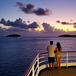 Caribbean Holidays, Caribbean Sunset Cruises, A couple standing on the deck of a Caribbean boat after sunset, with soft twilight over the sea and distant island lights