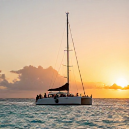 Caribbean Holidays, Caribbean Sunset Cruises, A relaxed Caribbean catamaran sailing at sunset, with warm golden light, calm turquoise sea and passengers enjoying the view