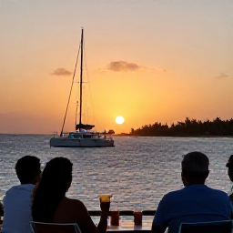 Caribbean Holidays, Caribbean Sunset Cruises, Passengers on a Caribbean sunset catamaran watching the sun descend over the ocean, with drinks and a quiet tropical coastline in the background