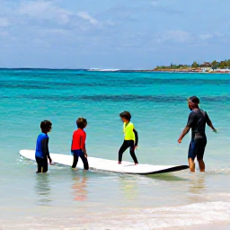 Caribbean Holidays, Caribbean Surfing, Beginners taking a relaxed surfing lesson in shallow clear Caribbean water with an instructor near a sandy beach
