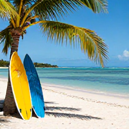 Caribbean Holidays, Caribbean Surfing, Colourful surfboards resting on white sand beside calm Caribbean sea, with palm trees and a relaxed beach atmosphere