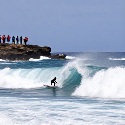 Caribbean Holidays, Caribbean Surfing, Experienced surfer carving across a powerful Atlantic wave at a rugged Caribbean reef break with spectators on a nearby shore