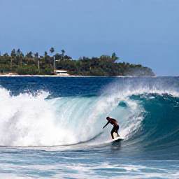 Caribbean Holidays, Caribbean Surfing, Experienced surfer carving across a powerful Caribbean reef break with a tropical island coastline in the background