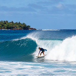 Caribbean Holidays, Caribbean Surfing, Experienced surfer carving across a powerful reef break with a tropical island coastline in the background