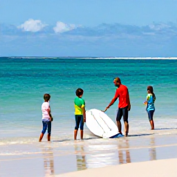 Caribbean Holidays, Caribbean Surfing, Friendly Caribbean surf instructor giving a lesson to beginners in shallow clear water near a sandy beach