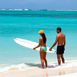Caribbean Holidays, Caribbean Surfing, Friendly surf instructor giving a beginner a lesson in shallow turquoise water on a sandy Caribbean beach