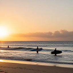 Caribbean Holidays, Caribbean Surfing, Golden Caribbean sunset over a calm beach with surfers carrying boards from the water and warm evening light on the sea