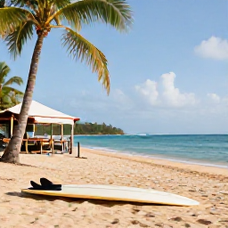 Caribbean Holidays, Caribbean Surfing, Relaxed Caribbean beach scene with a surfboard resting in golden sand, palm trees, small beach caf&eacute;s and calm blue sea