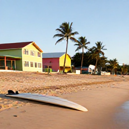 Caribbean Holidays, Caribbean Surfing, Relaxed Caribbean beach scene with surfboards resting in the sand, colourful local buildings and golden late-afternoon light