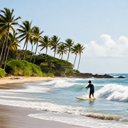 Caribbean Holidays, Caribbean Surfing, Surfer riding a clean Atlantic wave beside a palm-fringed Caribbean beach under bright morning sunshine