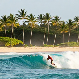 Caribbean Holidays, Caribbean Surfing, Surfer riding a clean turquoise wave beside a palm-fringed Caribbean beach under bright morning light