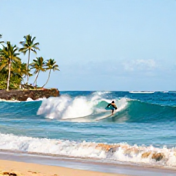 Caribbean Holidays, Caribbean Surfing, Surfer riding a clean turquoise wave beside a palm-fringed Caribbean beach under bright morning sunshine