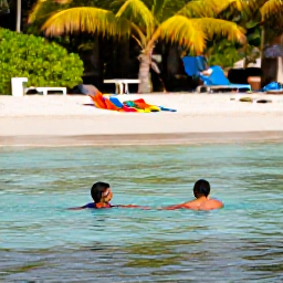 Caribbean Holidays, Caribbean Swimming, A family swimming safely in calm shallow Caribbean water near a sandy beach, with palm trees and colourful beach towels
