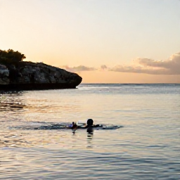 Caribbean Holidays, Caribbean Swimming, A lone swimmer enjoying a peaceful Caribbean cove at sunset, with calm sea, rocky headland and warm evening light