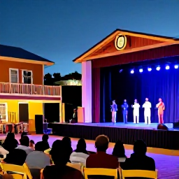 Caribbean Holidays, Caribbean Theatre, Colourful evening theatre performance in a Caribbean town, with local actors on a small outdoor stage and a relaxed audience