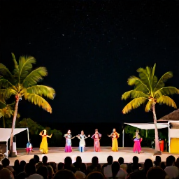 Caribbean Holidays, Caribbean Theatre, Outdoor Caribbean theatre performance under a starry sky, with palm trees, colourful costumes and a small enthusiastic crowd