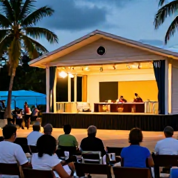 Caribbean Holidays, Caribbean Theatre, Visitors enjoying a relaxed Caribbean theatre evening, with refreshments outside a small venue and tropical evening light