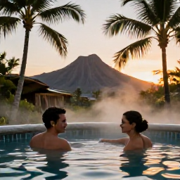 Caribbean Holidays, Caribbean Thermal Baths, Couple relaxing in a warm Caribbean thermal bath at sunset with palm trees and volcanic mountains in the background