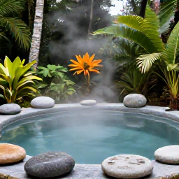 Caribbean Holidays, Caribbean Thermal Baths, Mineral-rich natural hot spring pool in a Caribbean rainforest with stones, steam and tropical plants