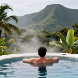 Caribbean Holidays, Caribbean Thermal Baths, Relaxed traveller soaking in a natural thermal pool surrounded by lush Caribbean hills and tropical foliage