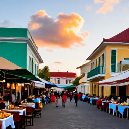 Caribbean Holidays, Caribbean Things To Do, A colourful Caribbean town at sunset with colonial buildings, a local market, outdoor tables serving island food and friendly people exploring the streets