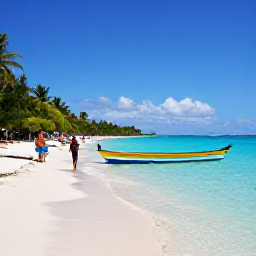 Caribbean Holidays, Caribbean Things To Do, A lively Caribbean beach with clear turquoise water, colourful wooden boats, palm trees and holidaymakers enjoying a relaxed day by the sea