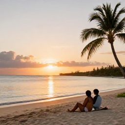 Caribbean Holidays, Caribbean Tours, A couple relaxing on a Caribbean beach at sunset after returning from an island tour, with calm sea and palm trees