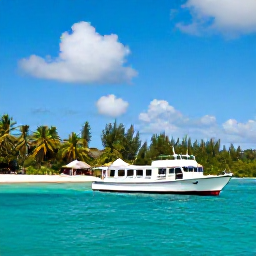 Caribbean Holidays, Caribbean Tours, A small excursion boat approaching a lush Caribbean island with turquoise water, bright skies and a relaxed holiday atmosphere