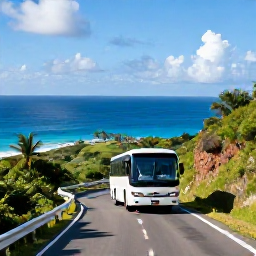 Caribbean Holidays, Caribbean Tours May, Caribbean coastal road winding past green hills, bright blue sea and a comfortable tour coach