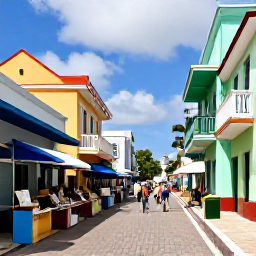 Caribbean Holidays, Caribbean Tours May, Colourful Caribbean town street with colonial buildings, local market stalls and travellers exploring